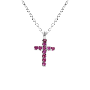 COLLIER ARGENT RHODIÉ PENDENTIF CROIX OXYDES FUSHIA 42+3CM