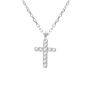 COLLIER ARGENT RHODIÉ PENDENTIF CROIX OXYDES BLANCS 42+3CM