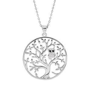 COLLIER ARGENT RHODIÉ ARBRE DE VIE AVEC HIBOU - CHOUETTE EMPIERRÉ 40+5CM