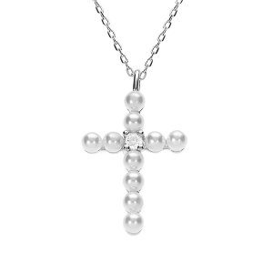 COLLIER ARGENT RHODIÉ PENDENTIF CROIX AVEC 1 OXYDE BLANC ET PERLE BLANCHE IMITATION  42+3CM