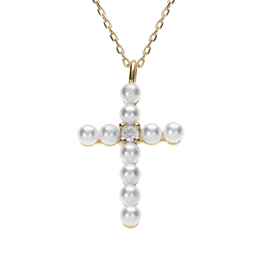 COLLIER ARGENT DORÉ PENDENTIF CROIX AVEC 1 OXYDE BLANC ET PERLE BLANCHE IMITATION  42+3CM