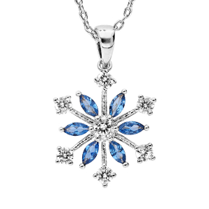 COLLIER ARGENT RHODIÉ PENDENTIF FLOCON DE NEIGE OXYDES BLANCS SERTIS ET NAVETTES BLEUES 40+5CM