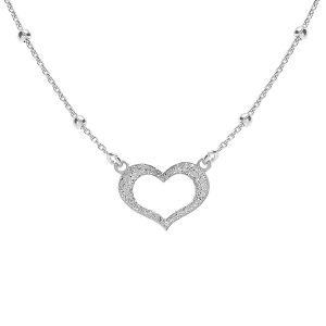 COLLIER ARGENT RHODIÉ CHAINE BOULES AVEC COEUR  GIVRÉ 42+3CM