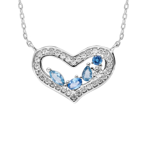 COLLIER ARGENT RHODIÉ COEUR EMPIERRE NAVETTES BLEUES CONTOUR OXYDES BLANCS SERTIS 40+5CM