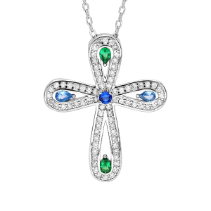 COLLIER ARGENT RHODIÉ PENDENTIF CROIX OXYDES BLANCS SERTIS ET PIERRES SYNTN BLEUES ET VERTES 40+5CM