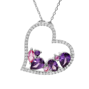 COLLIER ARGENT RHODIE MASSIF PENDENTIF COEUR OXYDES VIOLETS ET ROSES CONTOUR OXYDES BLANCS 40+5CM