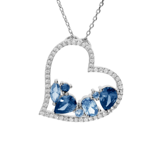 COLLIER ARGENT RHODIÉ MASSIF PENDENTIF COEUR OXYDES BLEUS CONTOUR OXYDES BLANCS 40+5CM