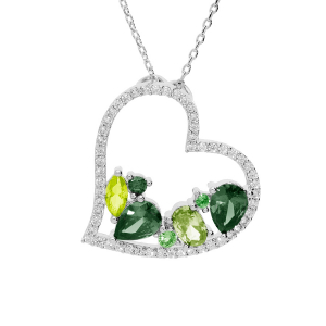 COLLIER ARGENT RHODIÉ MASSIF PENDENTIF COEUR OXYDES VERTS CONTOUR OXYDES BLANCS 40+5CM