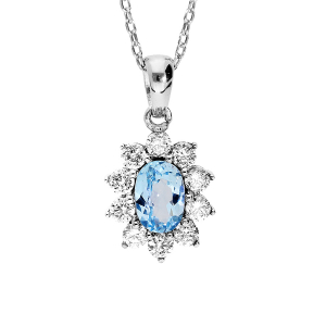 COLLIER ARGENT RHODIÉ MASSIF PENDENTIF OVALE PIERRE NATURELLE TOPAZE BLEUE CONTOUR OXYDES BLANCS SERTIS 40+5CM