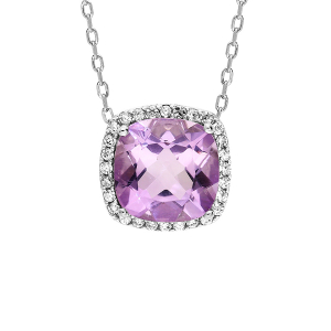 COLLIER ARGENT RHODIÉ MASSIF PENDENTIF CARRÉ PIERRE NATURELLE AMÉTHYSTE CONTOUR OXYDES BLANCS SERTIS 40+5CM
