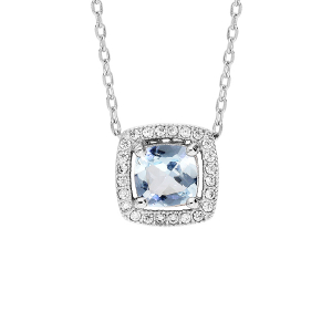 COLLIER ARGENT RHODIÉ PENDENTIF RECTANGULAIRE TOPAZE BLEUE CONTOUR OXYDES BLANCS SERTIS  40+5CM
