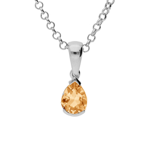 COLLIER ARGENT RHODIÉ PENDENTIF POIRE 8X6MM CITRINE VÉRITABLE 40+5CM