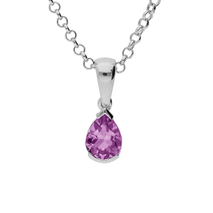 COLLIER ARGENT RHODIÉ PENDENTIF POIRE 8X6MM AMETHYSTE VÉRITABLE 40+5CM