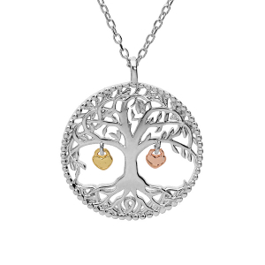 COLLIER ARGENT RHODIÉ ARBRE DE VIE ET PAMPILLES 2 COEURS DORÉ (COUPLE FAMILLE) 44CM RÉGLABLE 42 ET 40