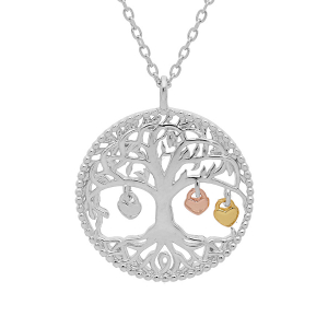 COLLIER ARGENT RHODIÉ ARBRE DE VIE ET PAMPILLES 3 COEURS DORÉS (COUPLE FAMILLE) 44CM RÉGLABLE 42 ET 40