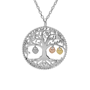 COLLIER ARGENT RHODIÉ ARBRE DE VIE ET PAMPILLES 3 COEURS DORÉS (COUPLE FAMILLE) 44CM RÉGLABLE 42 ET 40