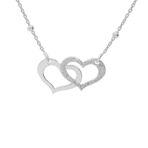 COLLIER ARGENT RHODIÉ DOUBLE COEUR 1 LISSE ET 1 GRANITÉ CHAINE AVEC BOULES  40+5CM
