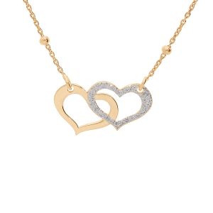 COLLIER ARGENT ET DORURE JAUNE DOUBLE COEUR 1 LISSE ET 1 GRANITÉ CHAINE AVEC BOULES  40+5CM