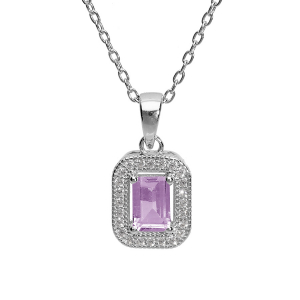 COLLIER ARGENT RHODIÉ MASSIF PIERRE CARRÉ AMÉTHYSTE VÉRITABLE CONTOUR OXYDES BLANCS SERTIS 40+5CM
