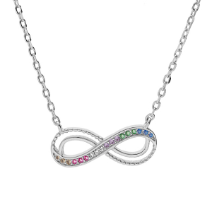 COLLIER ARGENT RHODIÉ MOTIF INFINI AVEC OXYDES MULTI COULEURS SERTIS 44CM RÉGLABLE 42 ET 40CM