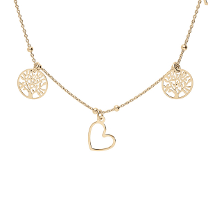 COLLIER ARGENT ET DORURE JAUNE PAMPILLES COEURS ET ARBRE DE VIE 40+5CM