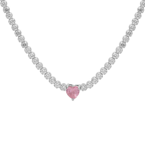 COLLIER ARGENT RHODIÉ RIVIERE OXYDES BLANCS ET COEUR OXYDE ROSE 40+4CM