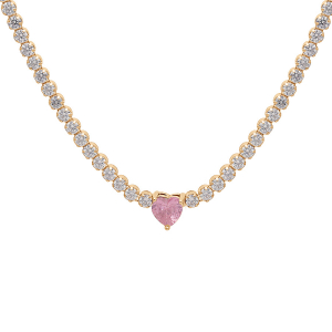 COLLIER ARGENT ET DORURE JAUNE RIVIERE OXYDES BLANCS ET COEUR OXYDE ROSE 40+4CM