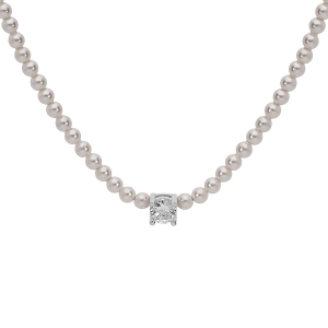 COLLIER ARGENT RHODIÉ PERLES BLANCHES IMITATION ET 1 OXYDE BLANC SERTI 38+4CM