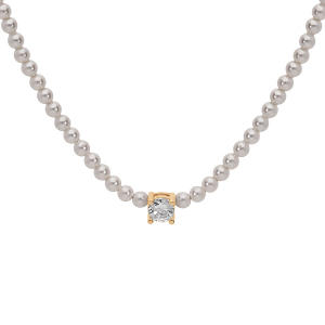COLLIER ARGENT ET DORURE JAUNE PERLES BLANCHES IMITATION ET 1 OXYDE BLANC SERTI 38+4CM
