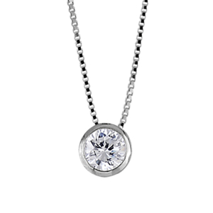 COLLIER SOLITAIRE ARGENT RHODIÉ CHAINE VENITIENNE PEND ROND PIERRE BLANCHE 42CM