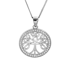 COLLIER ARGENT RHODIÉ PENDENTIF ARBRE DE VIE CELTIQUE  20MM CONTOUR OXYDES BLANCS SERTIS 40+5CM