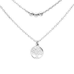 COLLIER ARGENT RHODIÉ DOUBLE CHAINE ARBRE DE VIE ET BOULES 40+5CM