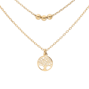 COLLIER ARGENT ET DORURE JAUNE DOUBLE CHAINE ARBRE DE VIE ET BOULES 40+5CM