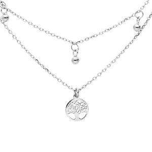 COLLIER ARGENT RHODIÉ DOUBLE CHAINE ARBRE DE VIE ET 3 BOULES 40+5CM