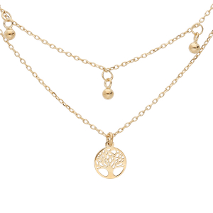 COLLIER ARGENT ET DORURE JAUNE DOUBLE CHAINE ARBRE DE VIE ET 3 BOULES 40+5CM