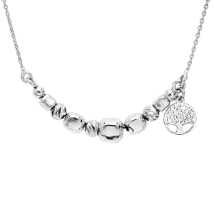 COLLIER ARGENT RHODIÉ CUBES ET BOULES AVEC PAMPILLE ARBRE DE VIE  43+2CM