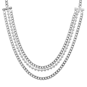 COLLIER ARGENT RHODIÉ  3 RANGS CHAINE GOURMETTE ET BOULES 40+5CM