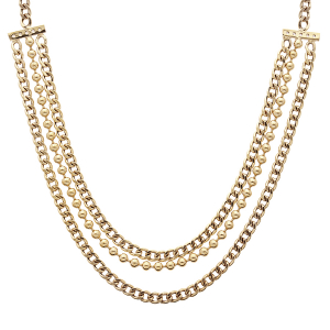 COLLIER ARGENT ET DORURE JAUNE 3 RANGS CHAINE GOURMETTE ET BOULES 40+5CM