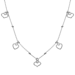 COLLIER ARGENT RHODIÉ PAMPILLES COEURS LISSES ET GIVRÉS 42+3CM