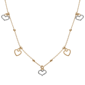 COLLIER ARGENT DORÉ PAMPILLES COEURS LISSES ET GIVRÉS 42+3CM