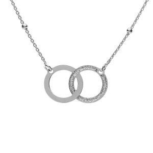 COLLIER ARGENT RHODIÉ 2 CERCLES ENTRELACÉS LISSE ET GIVRÉ 42+3CM