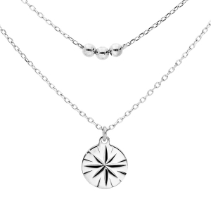 COLLIER ARGENT RHODIÉ DOUBLE CHAINE PASTILLE SOLEIL DIAMANTÉE ET BOULES  40+5CM