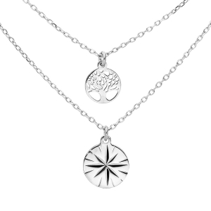 COLLIER ARGENT RHODIÉ DOUBLE CHAINE PASTILLE ETOILE DIAMANTÉE ET ARBRE DE VIE  40+5CM