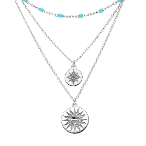 COLLIER ARGENT RHODIÉ 2 RANGS AVEC 2 PASTILLES SOLEIL ET 1 RANG BOULES RÉSINE BLEUE 40+5CM