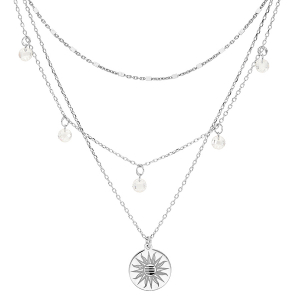 COLLIER ARGENT RHODIÉ 3 RANGS AVEC PASTILLE SOLEIL, OXYDES BLANCS ET CUBES  40+5CM