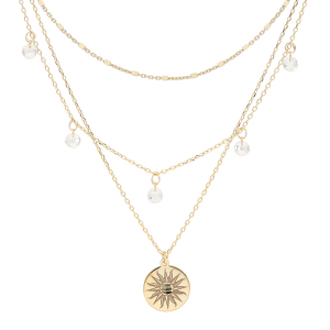 COLLIER ARGENT ET DORURE JAUNE 3 RANGS AVEC PASTILLE SOLEIL, OXYDES BLANCS ET CUBES 40+5CM