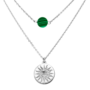 COLLIER ARGENT RHODIÉ DOUBLE CHAINE PASTILLE SOLEIL DIAMANTÉE ET PIERRE MALACHITE VÉRITABLE 40+5CM