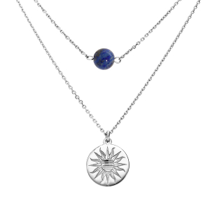 COLLIER ARGENT RHODIÉ DOUBLE CHAINE PASTILLE SOLEIL DIAMANTÉE ET PIERRE LAPIS LAZULI VÉRITABLE 40+5CM