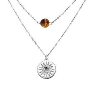 COLLIER ARGENT RHODIÉ DOUBLE CHAINE PASTILLE SOLEIL DIAMANTÉE ET PIERRE OEIL DU TIGRE VÉRITABLE 40+5CM