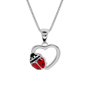 COLLIER ARGENT RHODIÉ PENDENTIF COEUR AVEC COCCINELLE  36+2CM